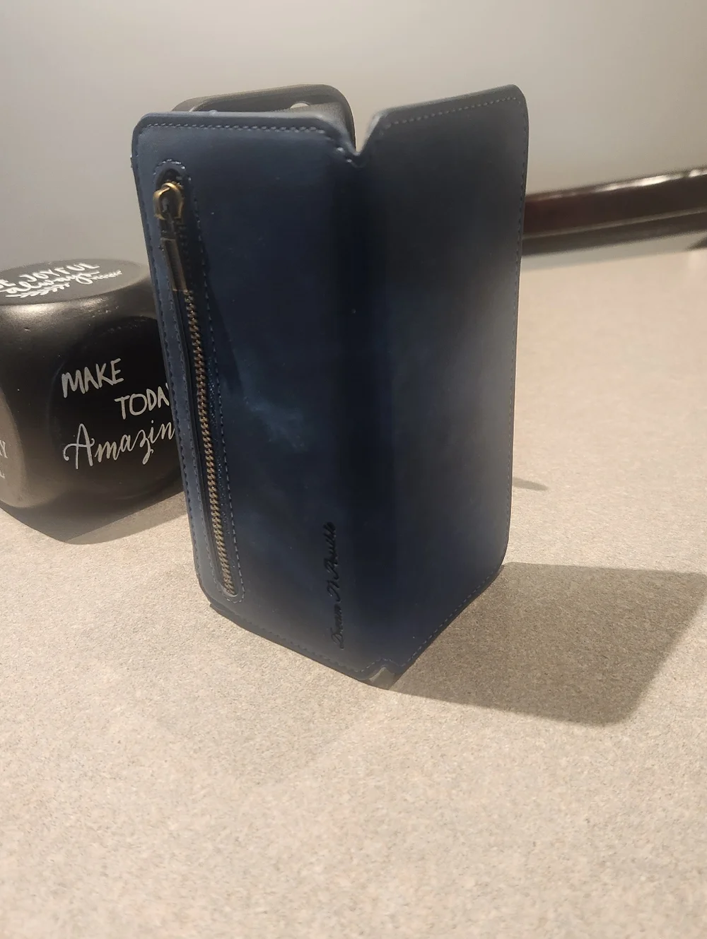 Universal Blue Leather Wallet Phone Case with Gold Ring Holder For IP17